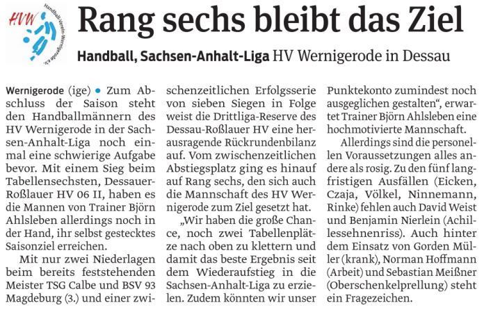 Volksstimme Vorbericht zum letzten Saisonspiel der 1. Männermannschft des HVW